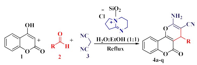 Three-component, One-pot Synthesis of Dihydropyrano[3,2-c]chromenes in Aqueous Medium in the Presence of Nano-silica Supported 1,5-Diazabicyclo(4.3.0)non-5-en